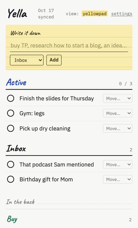 A Yella board: today's few things in Active, an Inbox, and drawers in the back